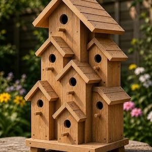 Op de afbeelding: Een meerlaags houten vogelhuisje met meerdere compartimenten en individuele daken. Het is gemaakt van lichtbruin hout en heeft ronde ingangen en kleine houten zitstokken. Geschikt voor een tuin of buitenruimte.