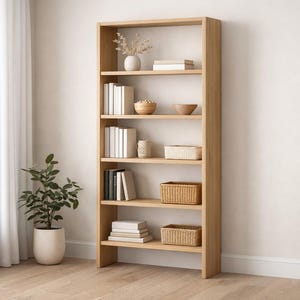 Könnte beinhalten: Ein helles Bücherregal aus Holz mit mehreren Regalen, auf denen Bücher, dekorative Schalen und geflochtene Körbe stehen. Auf dem obersten Regal steht eine Vase mit Trockenblumen. Das Bücherregal steht neben einem Fenster mit weißen Vorhängen.