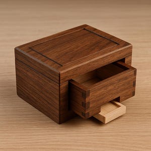 Puede incluir: Una caja de madera rectangular con un cajón parcialmente abierto, que revela un cajón más pequeño en el interior. La caja está hecha de madera marrón oscuro con vetas visibles, y el cajón está construido con juntas de cola de milano. La caja está sobre una superficie marrón claro.