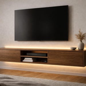 May include: A contemporary, wall-mounted wooden TV unit with integrated lighting. The unit features two doors and an open shelf with media equipment. A large, black flat-screen TV is mounted above. A vase and bowl are on the unit.