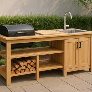 Könnte beinhalten: Eine hölzerne Outdoor-Kücheninsel mit einem schwarzen Grill, einem Edelstahlbecken und Schränken. Die Insel hat ein Schneidebrett, Regale und einen Holzvorratsbereich. Die Insel ist aus hellem Holz gefertigt.