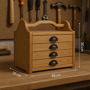 May include: A wooden storage cabinet with four drawers and a handle. The cabinet is 40 cm wide, 25 cm deep, and 30 cm tall. Each drawer has a black, semi-circular handle. The cabinet is made of light-colored wood.