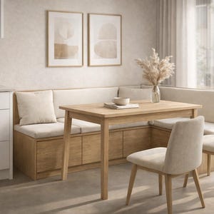 Puede incluir: Una mesa de comedor de madera clara con un banco incorporado y dos sillas. El banco tiene cojines de color crema y cajones de almacenamiento. Un jarrón con flores secas está sobre la mesa, junto con un cuenco y un libro. La habitación tiene una paleta de colores neutros.