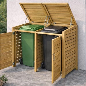 May include: Wooden outdoor bin store with two compartments. The store has a natural wood finish, hinged lids, and doors. One compartment holds a green bin, the other a black one. The doors and lids are open.