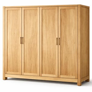 May include: A light-colored wooden wardrobe with four doors and bronze-colored handles. The wardrobe is made of wood and has a simple, modern design. The doors are flush with the frame, and the handles are vertical bars.