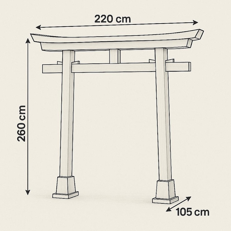 May include: A line drawing of a wooden Torii gate, a traditional Japanese structure. The gate is 260 cm tall, 220 cm wide, and 105 cm deep. The design features a curved top and horizontal beams, with a light beige color.