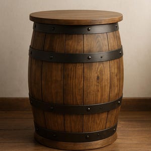 Peut inclure: Une table d'appoint en forme de tonneau en bois avec une finition teintée foncée. La table a un dessus rond et est entourée de trois bandes métalliques noires. Le grain du bois est visible. La table est posée sur un sol en bois.
