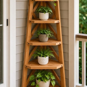 May include: A five-tier wooden corner shelf unit with a light brown finish and a tapered frame. Each shelf holds a potted plant, including a trailing pothos, a ribbed white pot, a textured grey pot, a patterned white pot, and a large round pot.