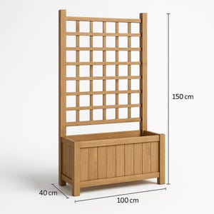 Op de afbeelding: Een houten plantenbak met trellis, ideaal voor klimplanten. De plantenbak is 100 cm breed, 40 cm diep en het trellis bereikt een hoogte van 150 cm. De natuurlijke houten afwerking voegt een rustieke uitstraling toe.