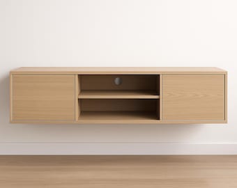 May include: A light-colored, wall-mounted entertainment center with two doors and open shelving. The unit is made of wood and has a simple, modern design. The doors are on the left and right sides, with open shelving in the center. The unit is approximately 72 inches wide.