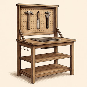 May include: A wooden play workbench with a pegboard back, featuring a hammer, chisel, and wrench. The workbench has a sink, two shelves, and three hooks. The wood is a warm brown color.