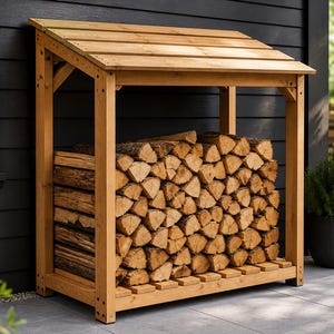 Può includere: Un portale per la legna da ardere in legno con tetto spiovente. Il portale è riempito di legna da ardere impilata ordinatamente. Il legno è di colore marrone chiaro e il portale è realizzato in legno naturale. La struttura è all'aperto, vicino a un muro scuro.