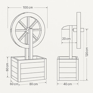 May include: Line drawing of a wooden water wheel planter. The wheel is 100 cm in diameter, and the planter box is 60 cm high and 80 cm wide. The overall height of the structure is 120 cm. The design includes measurements.