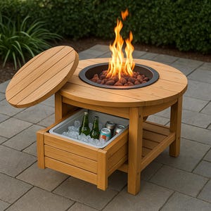 May include: A round wooden fire pit table with a built-in cooler. The fire pit has a metal ring and is filled with lava rocks and a bright flame. The cooler holds bottles and cans in ice. The lid is open.