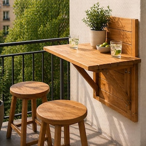 May include: A wooden balcony table and two stools are set up on a balcony. The table is attached to the wall and folds down. Two clear glasses with ice and lime are on the table. A potted plant and a bowl of limes are also on the table.