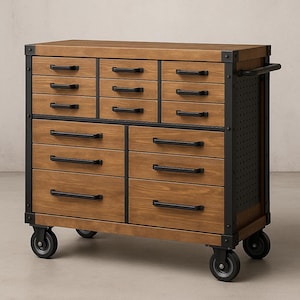 Op de afbeelding: Houten gereedschapskist met meerdere laden en een zwart metalen frame. De kist heeft een natuurlijke houten afwerking, zwarte handgrepen en is gemonteerd op wielen voor mobiliteit. Het ontwerp omvat een zijhandgreep en geperforeerde metalen details.