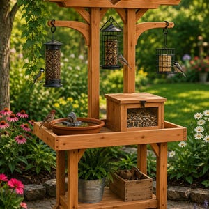 Op de afbeelding: Een houten vogelvoederstation met een pergola-dak, voorzien van drie hangende zwarte metalen voederbakken, een centrale houten zaadbak met glazen voorzijde, een terracotta vogelbad en een onderste plank met een metalen emmer en houten kist.