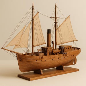 May include: A detailed wooden model ship with sails and a smokestack. The brown ship has tan sails and is mounted on a wooden base. The model features intricate details, including rigging and a small lifeboat.