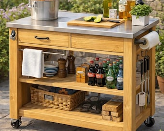 May include: Wooden outdoor kitchen cart with a stainless steel top, drawers, and shelves. It features a metal ice bucket with bottles, a cutting board with limes, and various bottles and condiments. The cart includes a towel rack, utensil hooks, and a wicker basket.