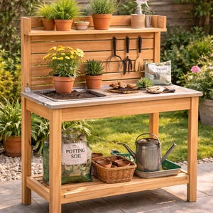 May include: A wooden potting bench with a shelf and a built-in sink. The bench holds potted plants, gardening tools, and a bag of potting soil. A watering can and a basket are on the lower shelf. The bench is outdoors in a garden setting.