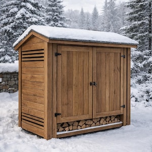 Può includere: Un deposito di legna in legno chiaro, con tetto spiovente e doppie ante. La struttura ha una sezione inferiore per riporre i tronchi. L'ambiente è innevato, con alberi sempreverdi sullo sfondo.
