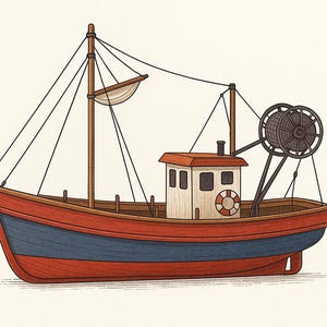 Fishing Boat Model Blueprint – DIY Wooden Boat Plan – Printable PDF with Dimensions – Laser Cut Compatible