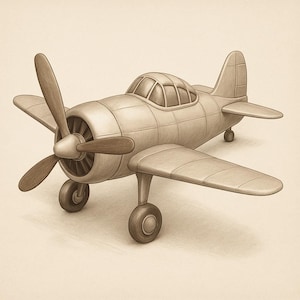 May include: A sepia-toned illustration of a toy aeroplane. The plane features a propeller with four blades, a rounded fuselage, and a small cockpit. The wings are straight, and the landing gear has wheels. The design is reminiscent of vintage aircraft.