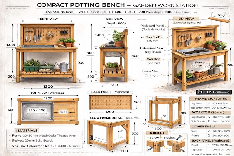 Compact Potting Bench Plans PDF | DIY Wooden Garden Workbench - Etsy