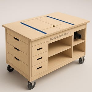 Könnte beinhalten: Eine Werkbank aus hellem Holz mit mehreren Schubladen, Regalen und einer Oberseite mit blauen Akzenten. Die Werkbank hat Rollen für Mobilität und der Text "NORDIC BLUEPRINTS" ist sichtbar.