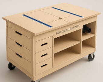 May include: A light wood-toned workbench with multiple drawers, shelves, and a top with blue accents. The workbench has wheels for mobility and the text "NORDIC BLUEPRINTS" is visible on the side.