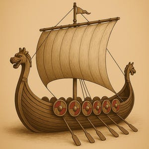 Pode incluir: Ilustração de um navio Viking com o texto "VIKING SHIP" no topo. O navio é castanho com uma grande vela, remos e escudos. A proa e a popa do navio são esculpidas com cabeças de dragão.
