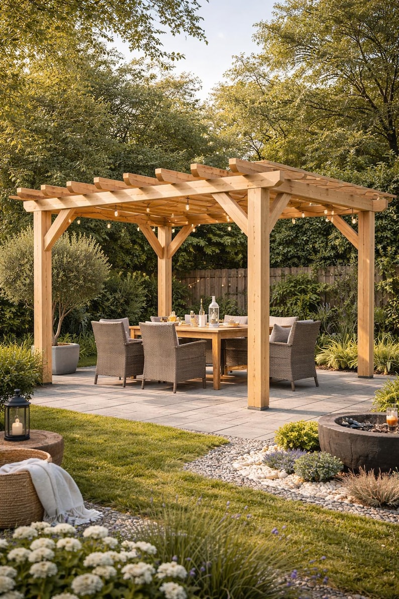 May include: A wooden pergola with a dining table and chairs set up underneath. The pergola has string lights and is surrounded by greenery, including grass, trees, and bushes. The patio is made of stone.