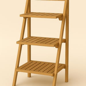 Puede incluir: Estantería de madera de tres niveles con diseño de escalera. Los estantes son de listones y la unidad es de madera clara. Los estantes tienen aproximadamente 30 cm de profundidad. La unidad es independiente y adecuada para almacenamiento o exhibición.