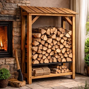 Può includere: Un portale di legna in legno con tetto spiovente, pieno di tronchi impilati. Il portale è in legno marrone chiaro e ha un ripiano inferiore con legna da ardere in fasci. Un'ascia poggia su un ceppo di legno nelle vicinanze.