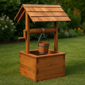 Peut inclure: Un puits en bois avec un toit en bardeaux, un seau suspendu à une chaîne et une manivelle. Le puits est construit en bois brun clair et est posé sur une pelouse verte.