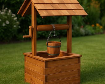 Plano para construir un pozo de los deseos rústico en madera para jardín, decoración exterior para hacer tú mismo (descarga en PDF)