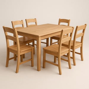May include: A light brown wooden dining table with six matching chairs. The chairs have a ladder-back design and a square seat. The table is rectangular and has four legs. The furniture is made of solid wood.