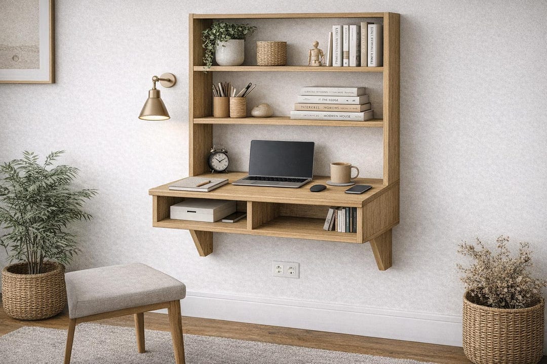 Floating Desk Plans – Wall Mounted Desk With Bookshelf, Space Saving ...