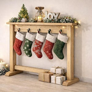 以下が含まれることがあります： 赤と緑の編み物で作られた靴下5つが付いた木製のクリスマスストッキングホルダー。白い袖口で飾られています。ホルダーは小さなクリスマスツリー、緑、そして「JOY」の文字で飾られています。いくつかの包装されたギフトとキャンドルが下に配置されています。