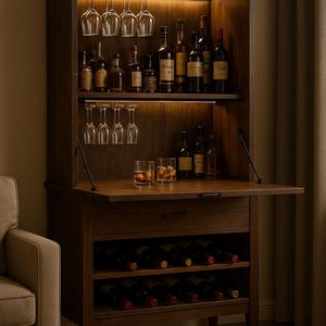 May include: A wooden wine cabinet with a built-in wine rack, glass holders, and a pull-down serving area. The cabinet is filled with wine bottles and glasses, illuminated by warm lighting. The cabinet is made of dark wood.