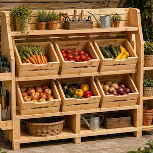 May include: A wooden produce stand featuring three tiers of angled crates filled with fresh carrots, tomatoes, zucchini, apples, bell peppers, and potatoes. The unit includes side storage for tools, a top shelf for potted plants, and a bottom shelf with a basket.