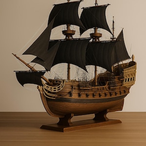 May include: A detailed wooden model of a pirate ship with black sails and a skull and crossbones flag. The ship is brown with intricate carvings and rigging, mounted on a wooden stand. The sails are billowing, suggesting movement.