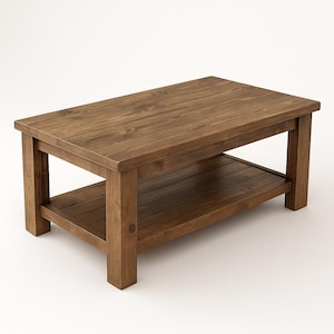 May include: A rectangular wooden coffee table with a lower shelf. The table is made of dark brown wood with a slatted top and shelf. The table is approximately 48 inches long, 24 inches wide, and 18 inches high.