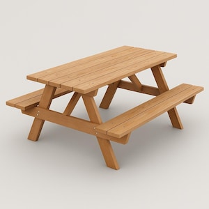 May include: A wooden picnic table with attached benches. The table and benches are made of light brown wood and have a classic A-frame design. The table is rectangular with a slatted top, and the benches are parallel to the table.