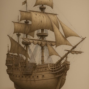 Könnte beinhalten: Detaillierte Sepia-Illustration eines großen Segelschiffs. Das Schiff hat mehrere Masten mit wehenden Segeln, kompliziertem Takelwerk und einem detaillierten Holzrumpf. Das Kunstwerk erinnert an historische Seefahrt.
