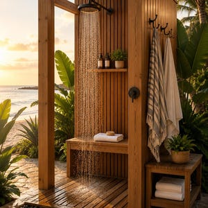 Op de afbeelding: Buitendouche van hout met een bank, planken en een douchekop. De douche is omgeven door weelderig groen en bevindt zich in de buurt van een strand. Inclusief handdoeken, zeep en toiletartikelen.