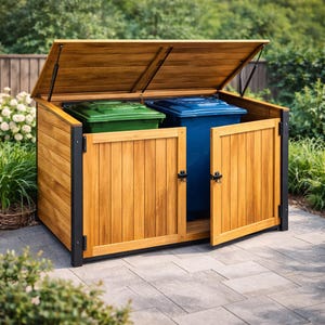 Puede incluir: Un cobertizo de basura de madera para exteriores con tapa con bisagras y dos puertas. El cobertizo está hecho de madera marrón claro con detalles en metal negro. En el interior hay un contenedor de basura verde y otro azul. La tapa está abierta.