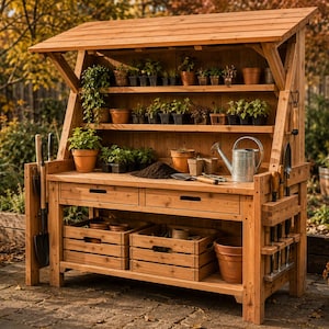 Pode incluir: Uma bancada de jardinagem de madeira com telhado inclinado, duas prateleiras superiores com várias plantas em vasos, uma área de trabalho central com duas gavetas e uma prateleira inferior com dois caixotes de madeira. Inclui suportes e regador.
