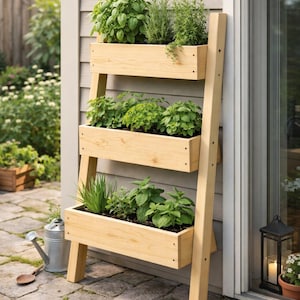 May include: A wooden, three-tiered planter filled with herbs. The light-coloured wood planter is set against a neutral-toned wall. The planter is filled with green herbs and is placed on a stone patio.