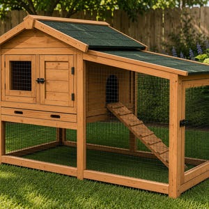 Puede incluir: Una conejera de madera con acabado en marrón claro natural, techo de tejas asfálticas de color verde oscuro y herrajes de metal negro. La estructura incluye un área de anidación superior cerrada con una ventana de malla metálica y una rampa.